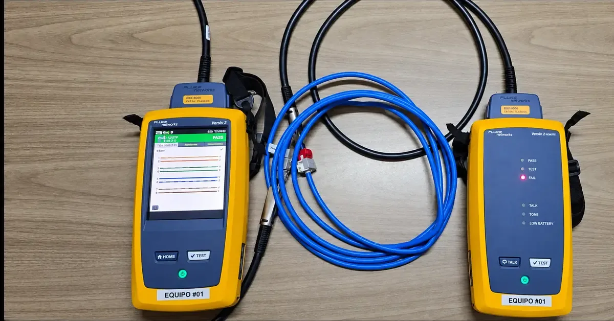 Equipo Fluke Versiv certificando un enlace de cableado estructurado en Aguascalientes, con resultado PASS en pantalla