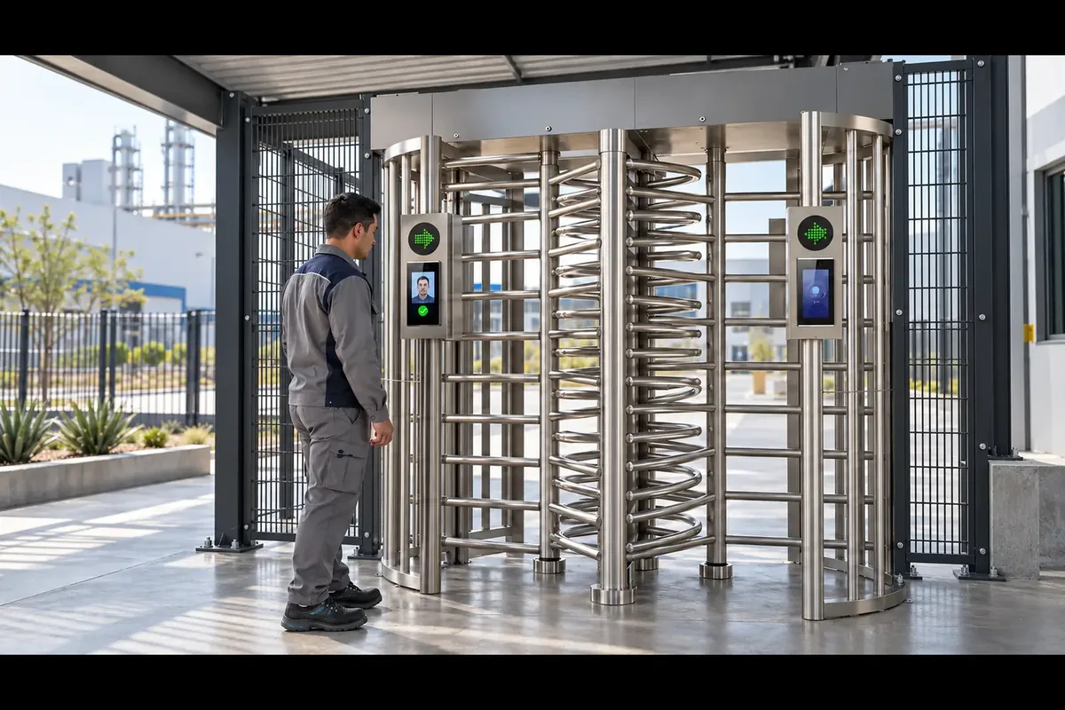 Terminal de reconocimiento facial Hikvision en el acceso de personal de una planta industrial